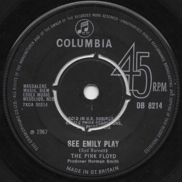 Image of Front Cover of 2014261C: 7" - THE PINK FLOYD, See Emily Play (Columbia; DB 8214, UK 1967, Company Sleeve, 4-Pronged Push-Out Centre. Master Number Left Aligned.)   VG/VG