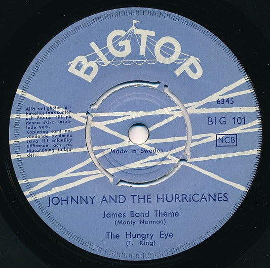 Image of Front Cover of 2054078S: 7" EP - JOHNNY AND THE HURRICANES, James Bond Theme (Bigtop; BIG 101, Sweden 1963, Plain Sleeve) NO SLEEVE  /VG