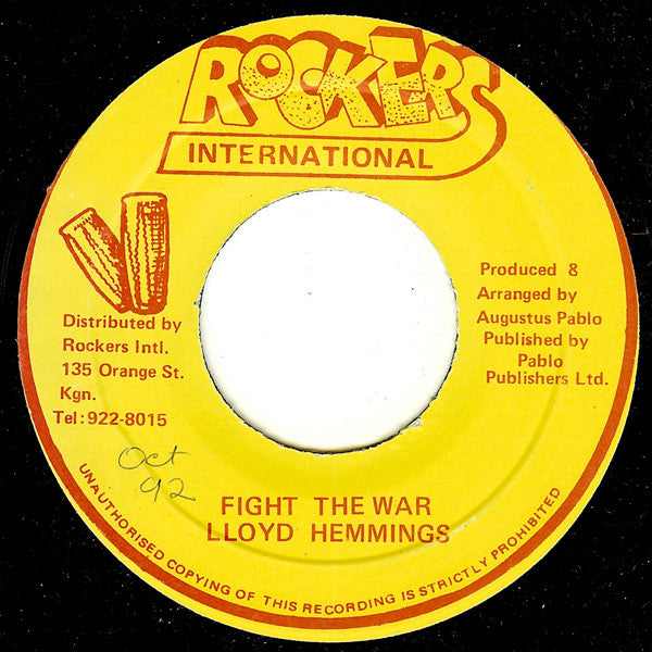 Image of Back Cover of 2054086S: 7" - LLOYD HEMMINGS, Fight The War / Version (Rockers International; none, Jamaica 1992) Light Scuffs  /VG