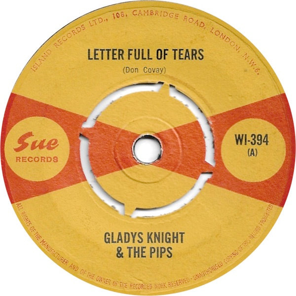 Image of Back Cover of 2014278C: 7" - GLADYS KNIGHT & THE PIPS, Letter Full Of Tears / You Broke Your Promise (Sue Records; WI-394, UK 1965) Centre intact. Wear at spindle hole. With company sleeve (stamped, written on)  VG+/VG+