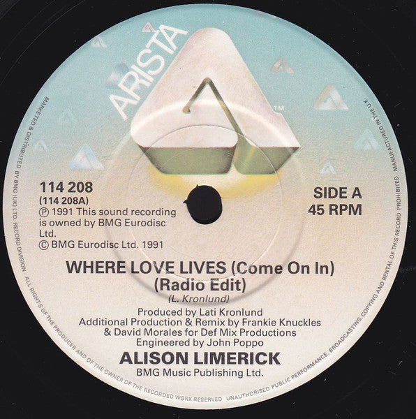 Image of Front Cover of 2054098S: 7" - ALISON LIMERICK, Where Love Lives (Come On In) (Arista; 114 208, UK 1991, NO SLEEVE) NO SLEEVE  /G+