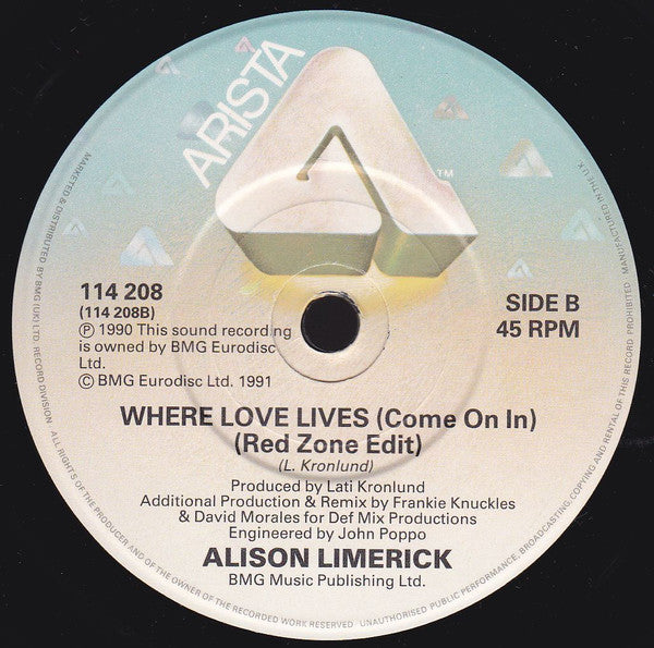 Image of Back Cover of 2054098S: 7" - ALISON LIMERICK, Where Love Lives (Come On In) (Arista; 114 208, UK 1991, NO SLEEVE) NO SLEEVE  /G+