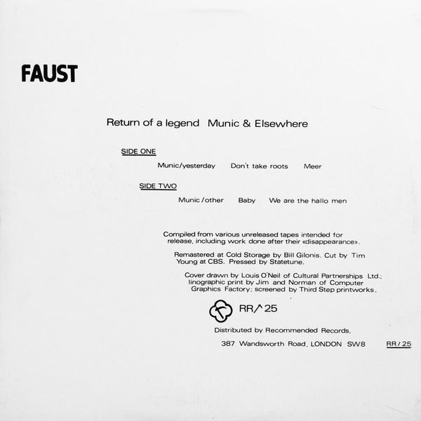 Image of Back Cover of 2014335C: LP - FAUST, Munic & Elsewhere (Recommended Records; RR / 25, UK 1986, White Vinyl)   VG+/VG+