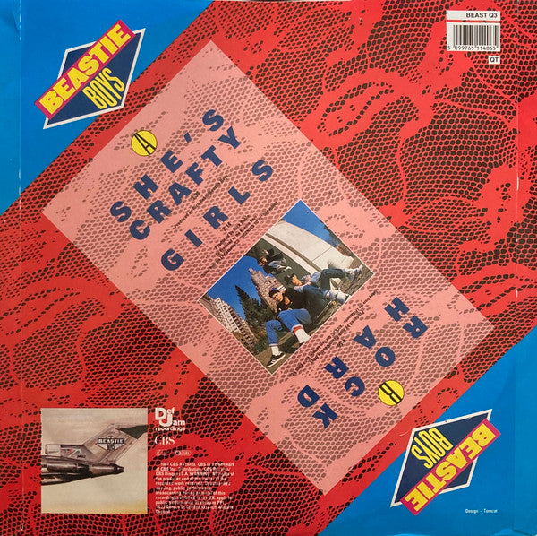 Image of Back Cover of 12" - G+/VG - BEASTIE BOYS, Girls / She's Crafty (Def Jam Recordings; BEAST Q3, UK 1987, Picture Sleeve), light marks and the odd scuff - minor. corner cut top right sleeve. sticker top right sleeve. light edgewear and creasing,  - 3346151S