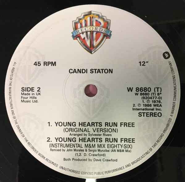 Image of Label Cover of 12" - VG/VG - CANDI STATON, Young Hearts Run Free (Warner Bros. Records; W8680T, UK 1986), ,  - 3826007E