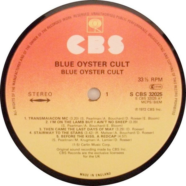 Image of Label Cover of 2044409S: LP - BLUE  YSTER CULT, Blue Oyster Cult (CBS Orange/Yellow; S CBS 32025, UK 1982 Reissue) Minor Stains on Sleeve  VG/VG+