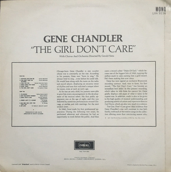 Image of Back Cover of LP - VG+/VG+ - GENE CHANDLER, The Girl Don't Care (Coral; LVA 9236, UK 1967, Laminated Front Sleeve, Mono), Lovely shiny copy. Good looking sleeve, light ringwear on back.,  - 3146252S