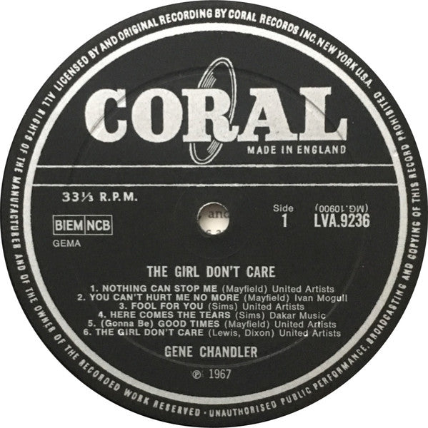 Image of Label Cover of LP - VG+/VG+ - GENE CHANDLER, The Girl Don't Care (Coral; LVA 9236, UK 1967, Laminated Front Sleeve, Mono), Lovely shiny copy. Good looking sleeve, light ringwear on back.,  - 3146252S