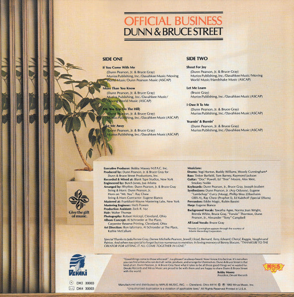 Image of Back Cover of 2124113E: LP - DUNN & BRUCE STREET, Official Business (Devaki Records; DKI 30003, US 1982, Picture Sleeve) Sleeve fully intact but first 3 inches from left back and front the art is completely ripped off. Light marks to record itself.  G/VG