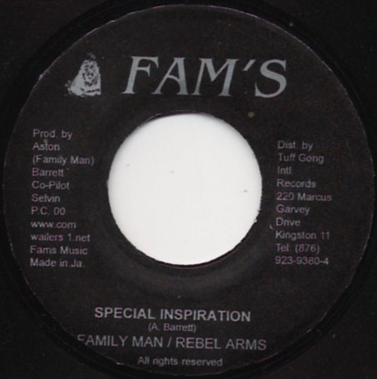 Image of Front Cover of 2154011S: 7" - ASTON "FAMILY MAN" BARRETT / REBEL ARMS, Special Inspiration / Wailers Serenade (Fam's; , Jamaica )   /VG+