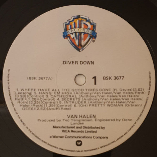 Image of Label Cover of 2144096S: LP - VAN HALEN, Diver Down (Warner Bros. Records; BSK 3677, New Zealand 1982, Inner)   VG+/VG+