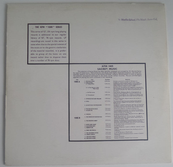 Image of Back Cover of 2124176E: LP - W. MERRICK FARRAN, Sacred Music (KPM Music ; KPM 1005, UK 1966) Strong VG  VG/VG