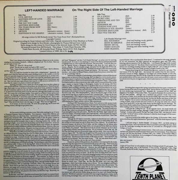 Image of Back Cover of 2114126C: LP - THE LEFT-HANDED MARRIAGE, On The Right Side Of The Left-Handed Marriage (Tenth Planet; TP022, UK 1996 Reissue, Gatefold)   VG/VG+