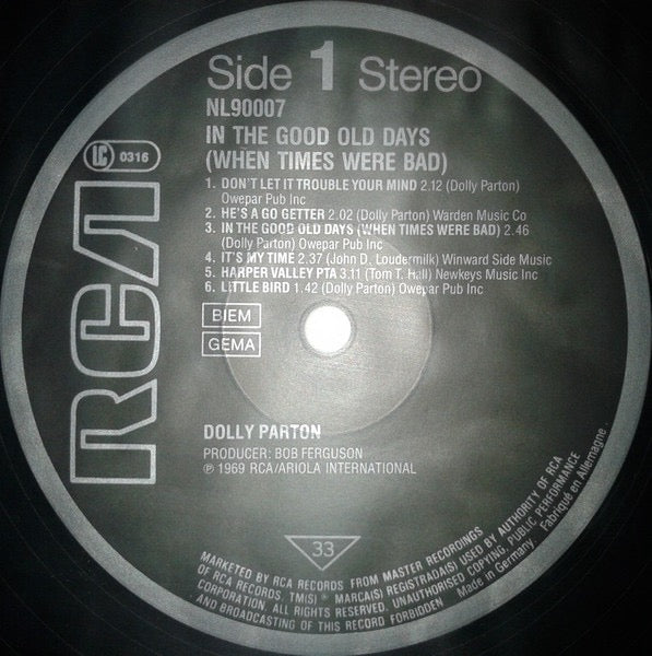 Image of Label Cover of 2114178C: LP - DOLLY PARTON, In The Good Old Days (When Times Were Bad) (RCA; NL90007, Europe 1987 Reissue)   VG/VG+