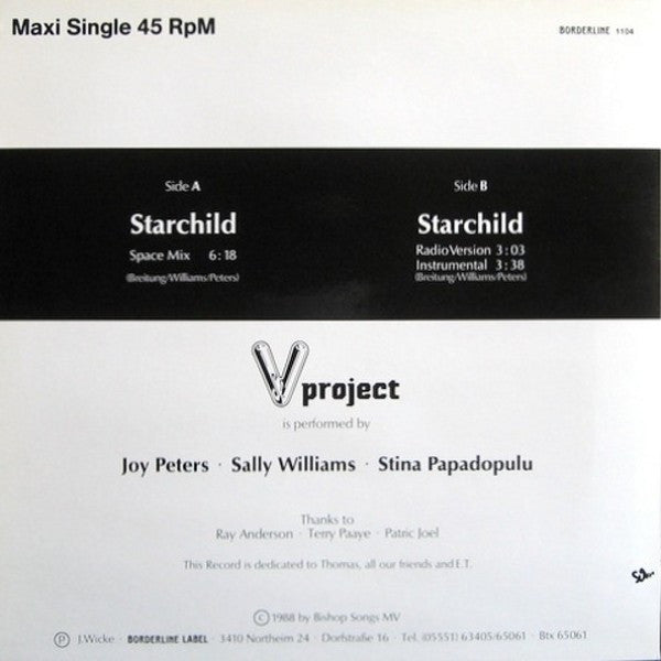 Image of Back Cover of 2144177S: 12" - V PROJECT, Starchild (Borderline Label; Borderline 1104, Germany 1988, Picture Sleeve)   VG/VG+