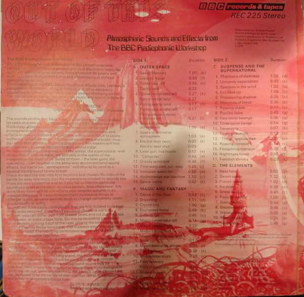 Image of Back Cover of 2124213E: LP - BBC RADIOPHONIC WORKSHOP, Out Of This World - Atmospheric Sounds And Effects From The BBC Radiophonic Workshop (BBC Records And Tapes; REC 225, UK 1976)   VG+/VG+