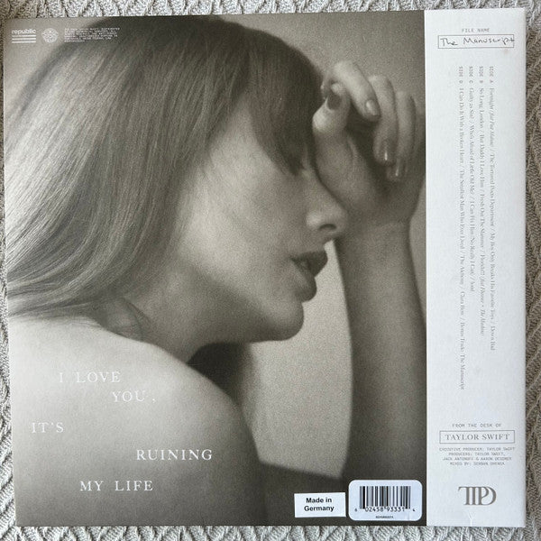Image of Back Cover of 2xLP - VG+/VG+ - TAYLOR SWIFT, The Tortured Poets Department (Republic; 602458933314, Worldwide 2024, Gatefold, 2 Inners & Booklet, Ghosted White Vinyl. Optimal Media GmbH Pressing.), ,  - 4216312C