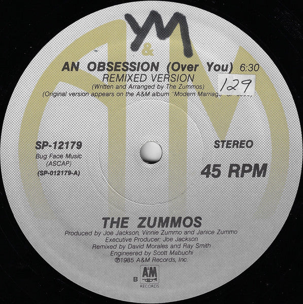 Image of Front Cover of 2144203S: 12" - THE ZUMMOS, An Obsession (Over You) (A&M Records; SP-12179, US 1985, Company Sleeve)   VG+/EX