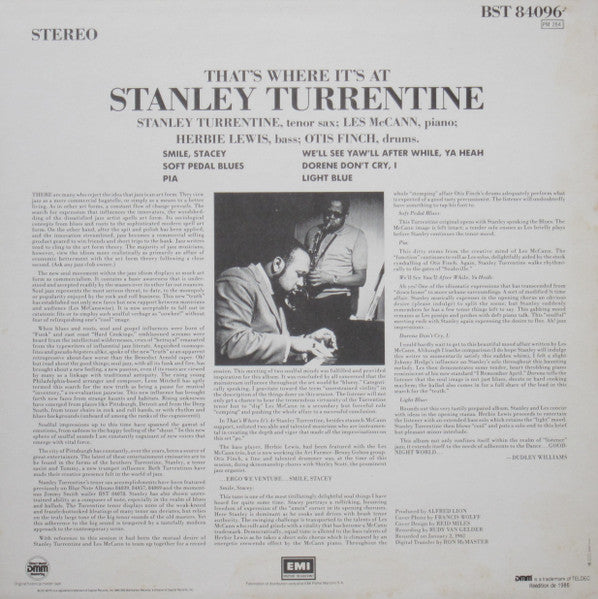 Image of Back Cover of 2144231S: LP - STANLEY TURRENTINE, That's Where It's At (Blue Note; BST 84096, France 1986, Inner) A couple of light marks and scuffs that should not affect play.   VG+/G+