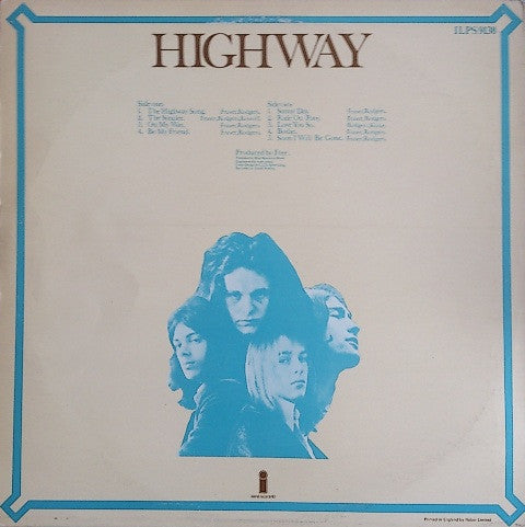 Image of Back Cover of 2124292E: LP - FREE, Highway (Island Orange Sunset, Blue Rim; ILPS 9138, UK 1970s Reissue, Company Inner) Strong VG, Sticker Damage To Sleeve  VG/VG