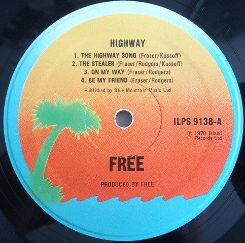 Image of Label Cover of 2124292E: LP - FREE, Highway (Island Orange Sunset, Blue Rim; ILPS 9138, UK 1970s Reissue, Company Inner) Strong VG, Sticker Damage To Sleeve  VG/VG