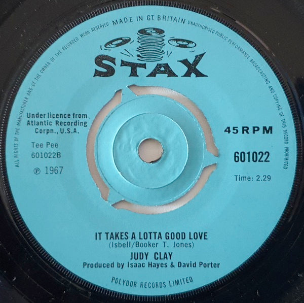 Image of Back Cover of 2114228C: 7" - JUDY CLAY, You Can't Run Away From Your Heart / It Takes A Lotta Good Love (Stax; 601022, UK 1967, 3-Prong Centre) With company sleeve (writing on it)  VG/VG+