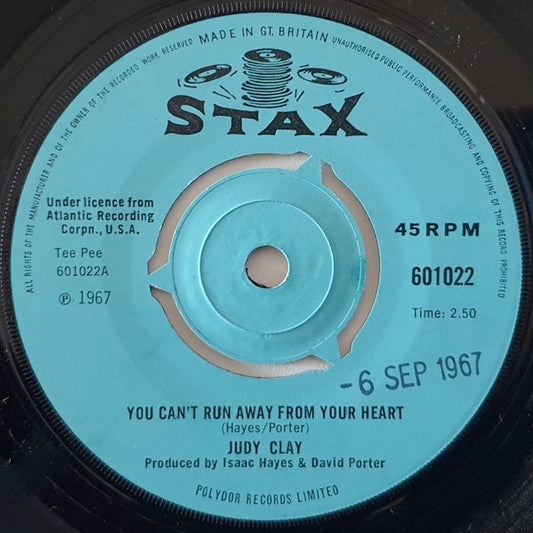 Image of Front Cover of 2114228C: 7" - JUDY CLAY, You Can't Run Away From Your Heart / It Takes A Lotta Good Love (Stax; 601022, UK 1967, 3-Prong Centre) With company sleeve (writing on it)  VG/VG+