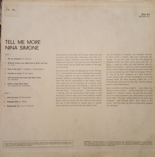 Image of Back Cover of LP - VG/VG - NINA SIMONE, Tell Me More (Fontana; SFJL 954, UK 1967 Reissue, Laminated Sleeve), ,  - 3826245E