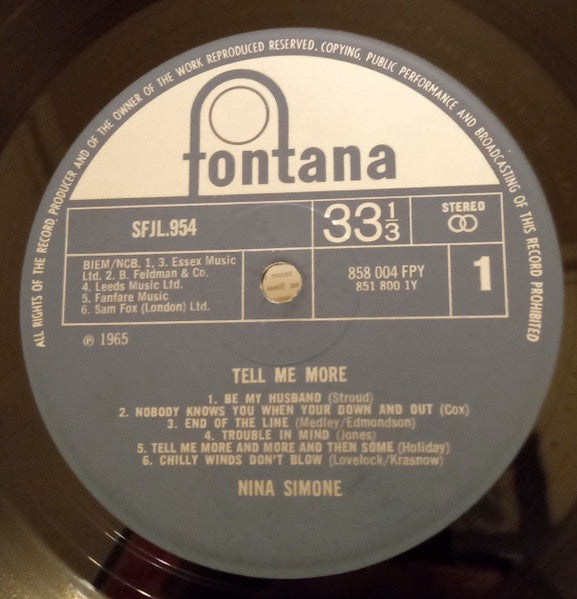 Image of Label Cover of LP - VG/VG - NINA SIMONE, Tell Me More (Fontana; SFJL 954, UK 1967 Reissue, Laminated Sleeve), ,  - 3826245E