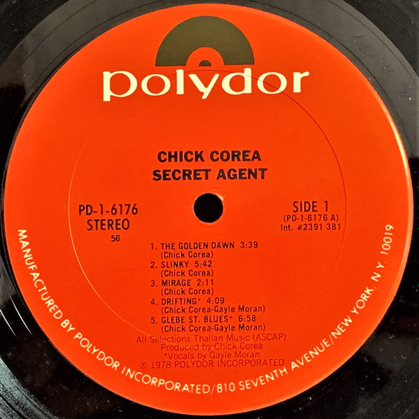 Image of Label Cover of 2144288S: LP - CHICK COREA, Secret Agent (Polydor ; PD-1-6176, US 1978) Vinyl Strong VG+   VG+/VG+