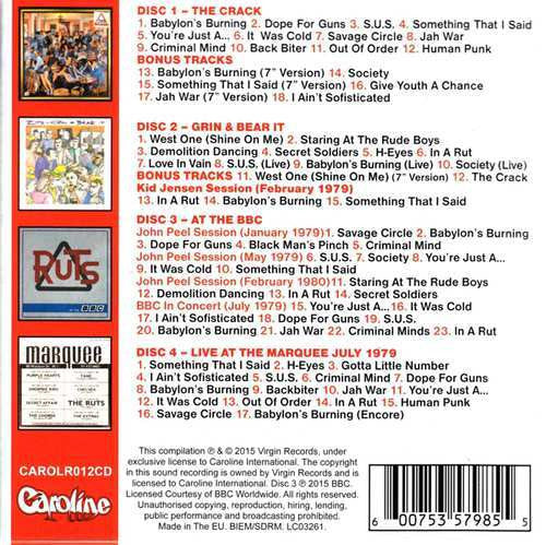 Image of Back Cover of 4xCD - VG+/VG - THE RUTS, The Virgin Years (Caroline Records; CAROLR012CD, Europe 2015, Clamshell Box Set, Insert), Strong VG, one long mark on "At The BBC",  - 3216219C