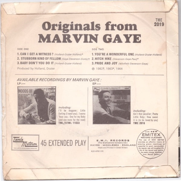 Image of Back Cover of 2114291C: 7" EP - MARVIN GAYE, Originals From Marvin Gaye (Tamla Motown; TME 2019, UK 1967, Flipback Sleeve) Light marks only. Sleeve has date stamped and track times written in pen on reverse  VG+/VG