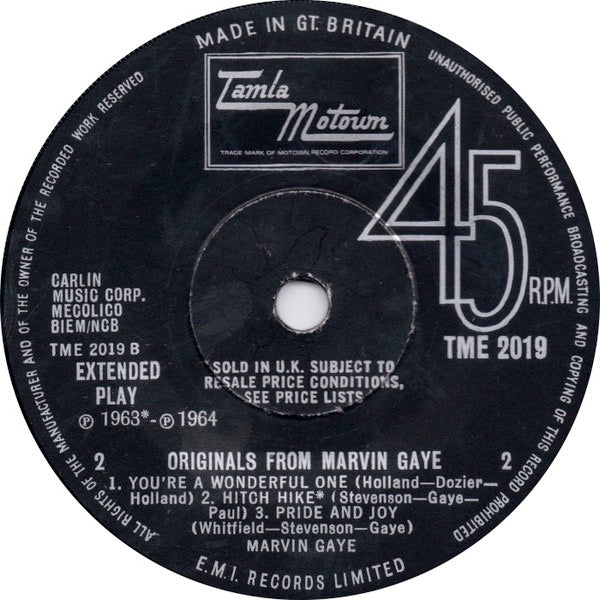 Image of Label Cover of 2114291C: 7" EP - MARVIN GAYE, Originals From Marvin Gaye (Tamla Motown; TME 2019, UK 1967, Flipback Sleeve) Light marks only. Sleeve has date stamped and track times written in pen on reverse  VG+/VG