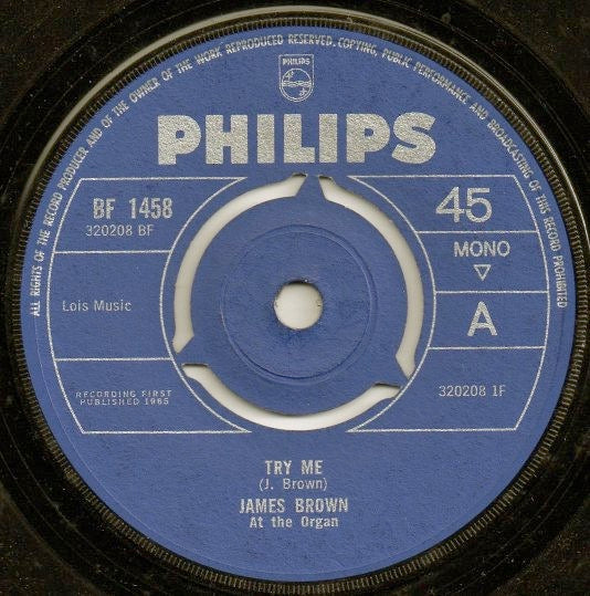 Image of Front Cover of 2114293C: 7" - JAMES BROWN, Try Me / Papa's Got A Brand New Bag (Philips; BF 1458, UK 1965, Mono)   /VG+