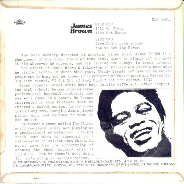 Image of Back Cover of 7" EP - VG/G+ - JAMES BROWN, I'll Go Crazy (Pye International; NEP 44068, UK 1966, Flipback Sleeve), Marks on vinyl. Plays above grade. Light ringwear.,  - 1926139E