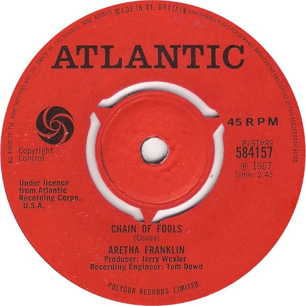 Image of Back Cover of 2114335C: 7" - ARETHA FRANKLIN, (I Can't Get No) Satisfaction / Chain Of Fools (Atlantic; 584157, UK 1967, 3-Prong Centre)   /VG