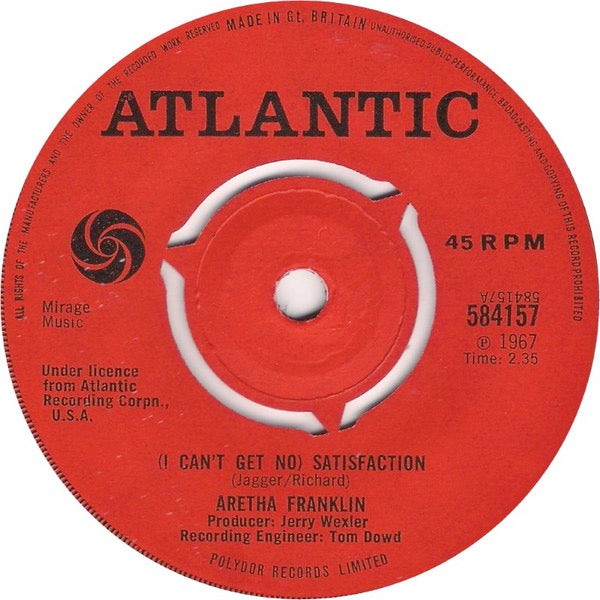 Image of Front Cover of 2114335C: 7" - ARETHA FRANKLIN, (I Can't Get No) Satisfaction / Chain Of Fools (Atlantic; 584157, UK 1967, 3-Prong Centre)   /VG