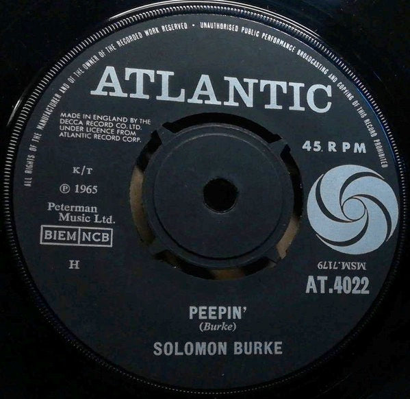 Image of Back Cover of 2114350C: 7" - SOLOMON BURKE, Got To Get You Off My Mind / Peepin' (Atlantic; AT 4022, UK 1965, 4-Prong Centre) Centre intact  /VG+