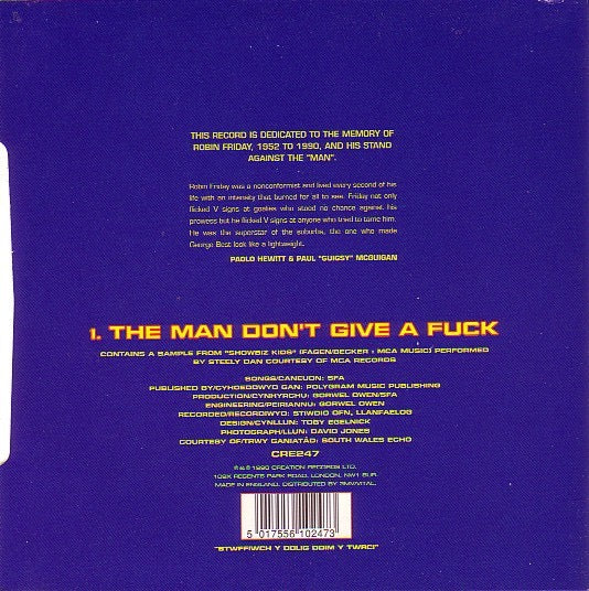 Image of Back Cover of 2114378C: 7" - SUPER FURRY ANIMALS, The Man Don't Give A Fuck (Creation Records; CRE247, UK 1996, Hype Stickered Sleeve, Single Sided Blue Vinyl) A few light marks, more of a "blue swirl" vinyl colour.  VG+/VG