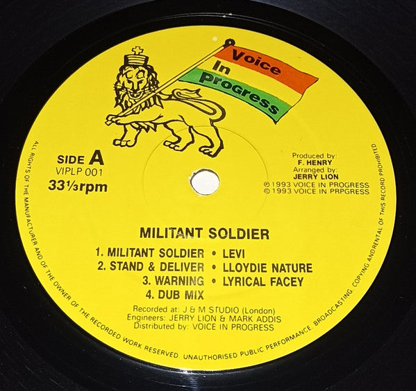 Image of Label Cover of 2114395C: LP - VARIOUS ARTISTS, Militant Soldier (Voice In Progress; VIPLP 001, UK 1993) A few light scuffs only, sounds clean VG+. Sleeve looks great.  VG+/VG+