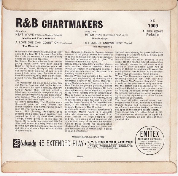 Image of Back Cover of 2114391C: 7" EP - VARIOUS, R & B Chartmakers (Stateside; SE 1009, UK 1963, Flipback Sleeve, Mono; 4-Prong Centre) Sleeve very slightly bent; with date stamped and track times written on reverse. Also very small stains  VG+/VG