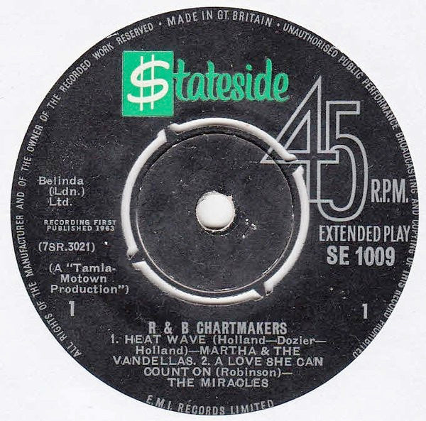 Image of Label Cover of 2114391C: 7" EP - VARIOUS, R & B Chartmakers (Stateside; SE 1009, UK 1963, Flipback Sleeve, Mono; 4-Prong Centre) Sleeve very slightly bent; with date stamped and track times written on reverse. Also very small stains  VG+/VG