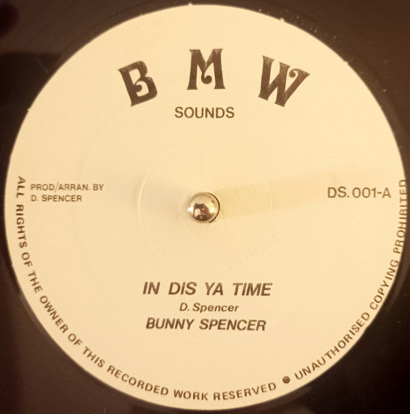 Image of Label Cover of 2114397C: 12" - BUNNY SPENCER, In Dis Ya Time / Waiting (Blue Mountain Wagon; DS.001, UK 1980s) Clean disc. Sleeve is thin and frail, shows storage wear.  G+/VG+