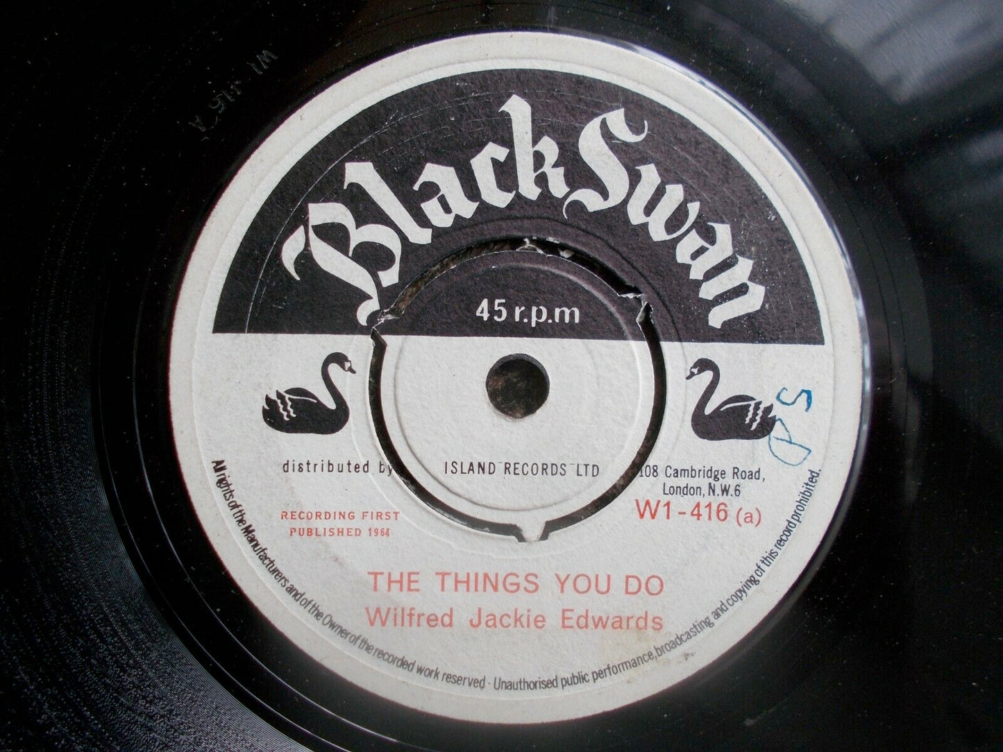 Image of Front Cover of 2114424C: 7" - WILFRED JACKIE EDWARDS, The Things You Do / Little Smile (Black Swan; W1-416, UK 1964) Record has very small chip at edge that doesn't affect play. Centre intact and clean labels  /VG+