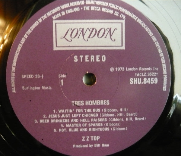 Image of Label Cover of 2144258S: LP - ZZ TOP, Tres Hombres (London Records; SHU 8459, UK 1973) Shiny EX copy. Light storage wear on sleeve.  VG/EX