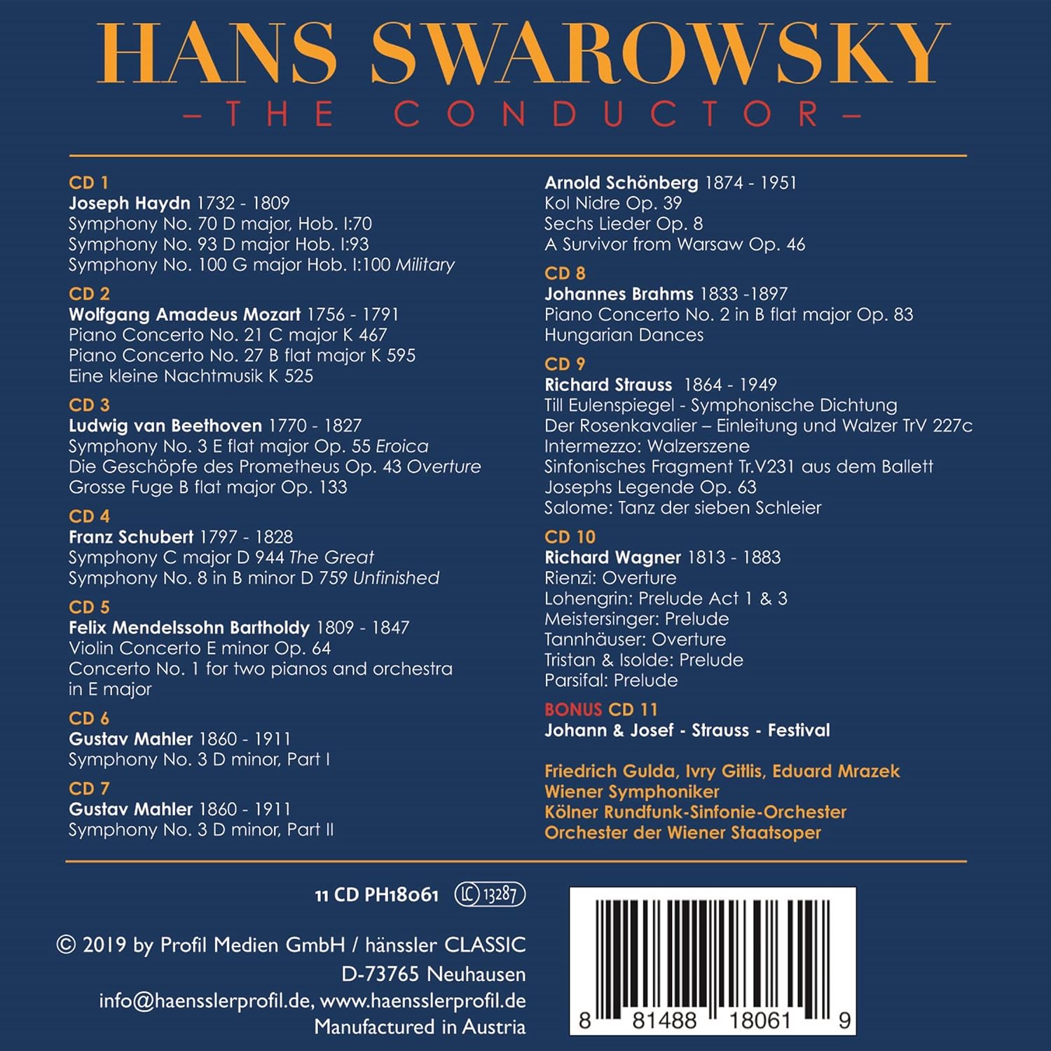 Image of Back Cover of 2134107E: 11xCD - HAYDN, MOZART, BRAHMS, SCHUBERT, MENDELSSOHN, HANS SWAROWSKY, Hans Swarowsky - The Conductor (Haenssler Classic; PH18061, UK 2019, Box Set, Booklet)   VG+/VG+