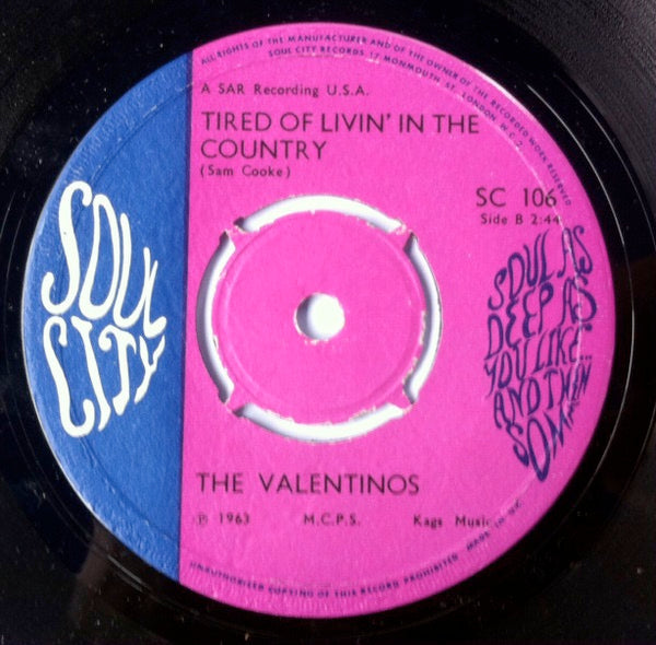 Image of Back Cover of 2114428C: 7" - THE VALENTINOS, It's All Over Now / Tired Of Living In The Country (Soul City; SC 106, UK 1968, 4-Prong Centre) Centre intact with some wear on outside  /VG+