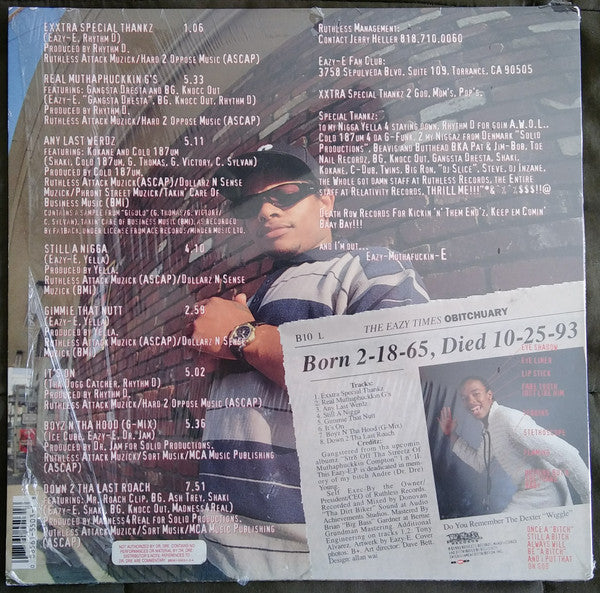 Image of Back Cover of 12" EP - G+/G+ - EAZY-E, It's On (Dr. Dre) 187um Killa (Ruthless Records; 88561-5503-1, US 1993, Picture Sleeve), Record has marks and scuffs that are mostly surface, though there are a few smaller, deeper ones too (that click lightly for a few rotations). Plays well considering. Sleeve has wear and creasing and light damage at corners. General wear and creasing too; wear along edges,  - 3416497C