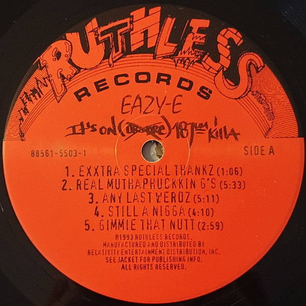 Image of Label Cover of 12" EP - G+/G+ - EAZY-E, It's On (Dr. Dre) 187um Killa (Ruthless Records; 88561-5503-1, US 1993, Picture Sleeve), Record has marks and scuffs that are mostly surface, though there are a few smaller, deeper ones too (that click lightly for a few rotations). Plays well considering. Sleeve has wear and creasing and light damage at corners. General wear and creasing too; wear along edges,  - 3416497C