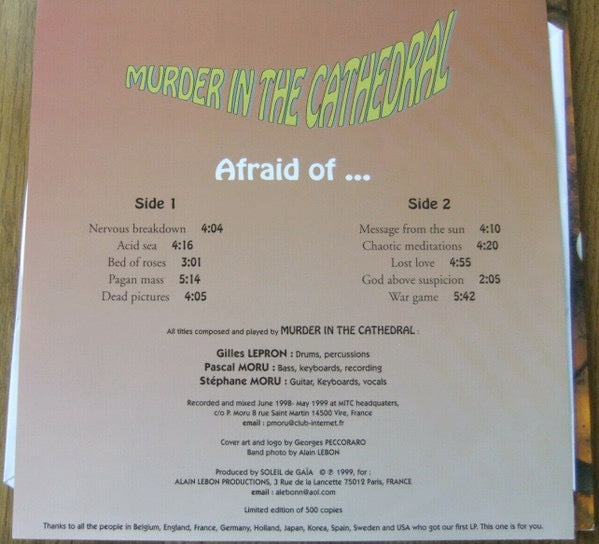 Image of Back Cover of 2114494C: LP - MURDER IN THE CATHEDRAL, Afraid Of (Soleil De Gaia; Soleil De Gaia 02, France 1999, Insert)   VG+/VG+